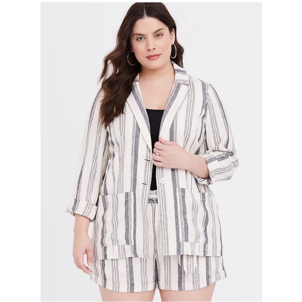 Torrid Cream & Black Stripe Linen Blazer